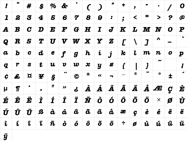 AmTypewriterITCTT BoldItalic  glyph index
