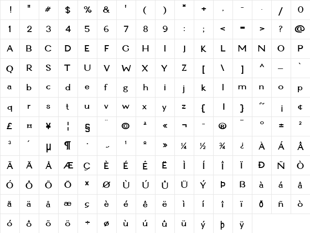 Ginger-Condensed Bold  glyph index