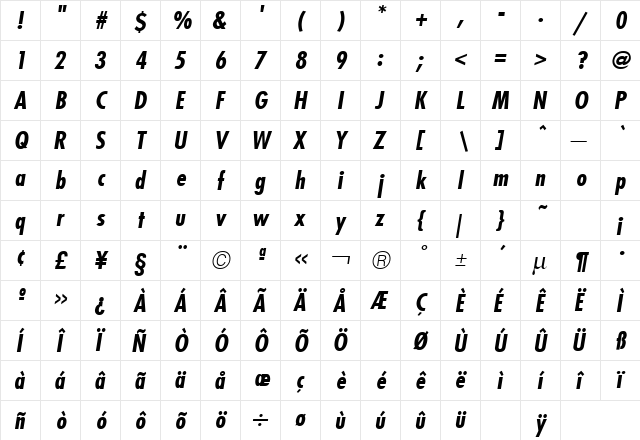 Futura Condensed Bold Italic  glyph index
