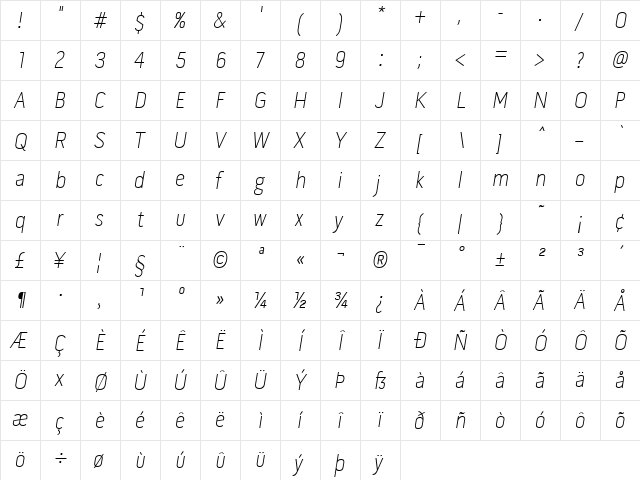 Pill Gothic 300mg Thin Obq  glyph index
