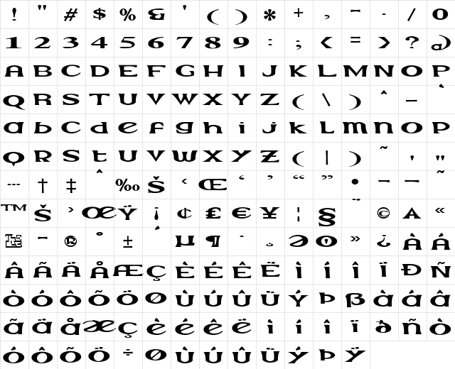 Extrano Regular  glyph index