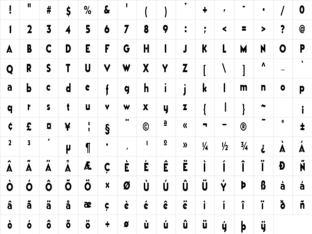 ManhattanCondensed Regular  glyph index