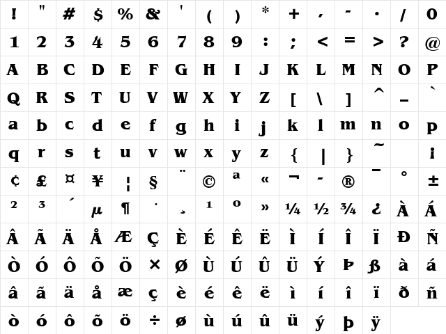 Mirage Bold  glyph index