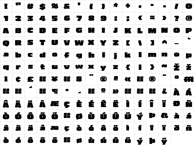 Asphalt Regular  glyph index