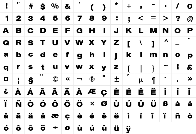 AG Buch Extended BQ Regular  glyph index