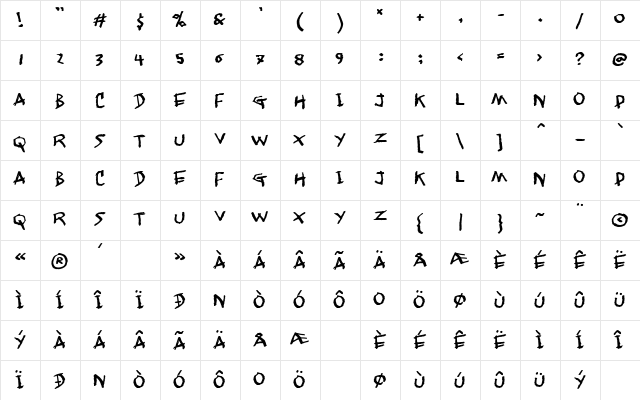 Jangly walk Regular  glyph index