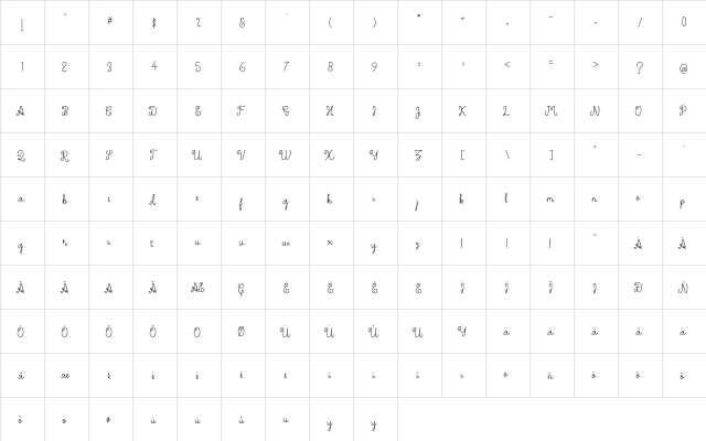 Jameelas Regular  glyph index
