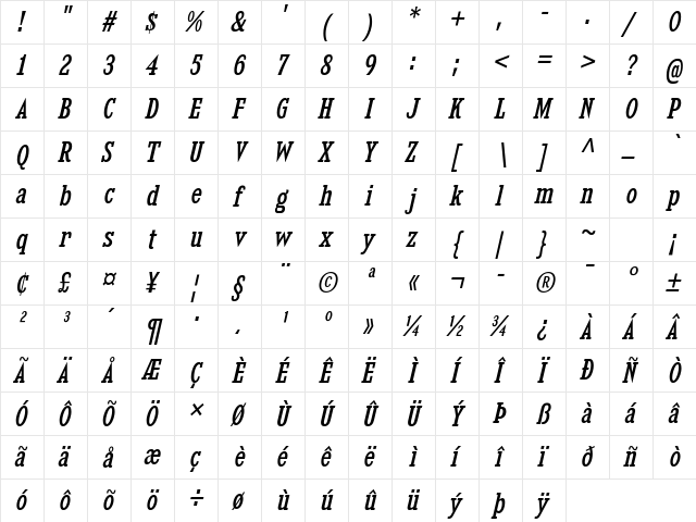 Kingsbridge Condensed Italic  glyph index