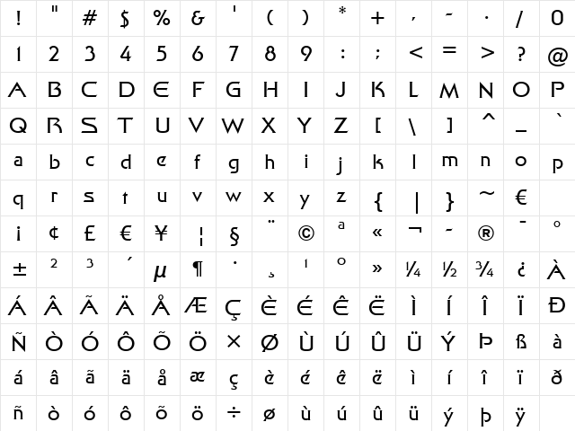 Galaxy BT Regular  glyph index