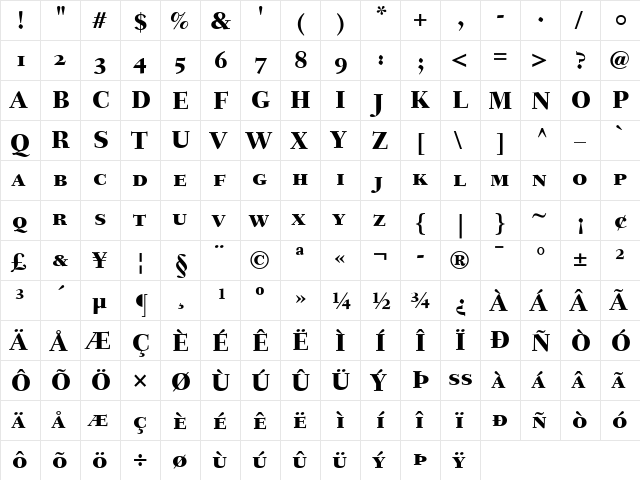 Fairfield LH HeavySC Regular  glyph index