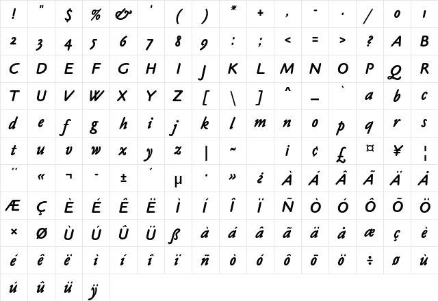 Claude Sans Std Bold Italic  glyph index