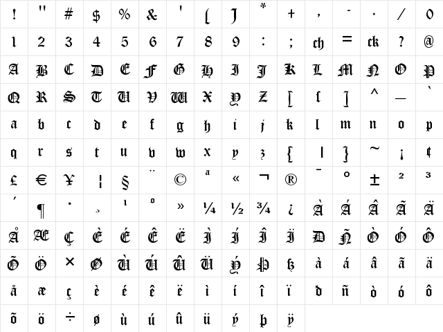 Cloister Black Light  glyph index