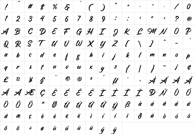 Billgates Regular  glyph index