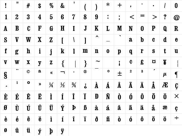 Clarendon Condensed (W1) Bold  glyph index