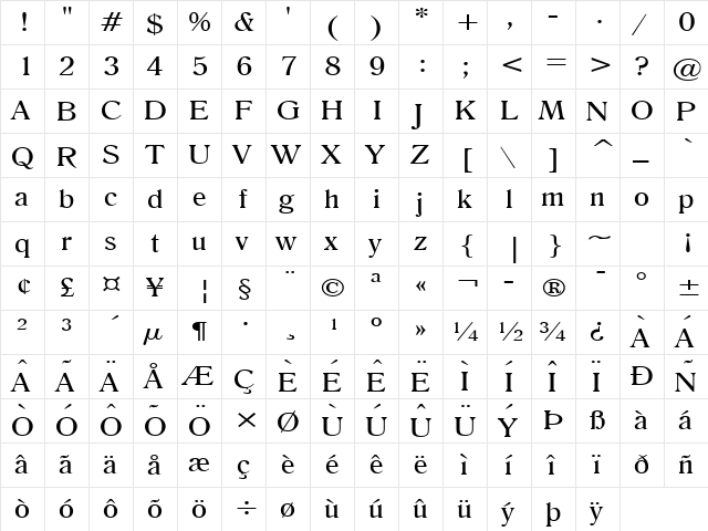 Roomy Wide Normal  glyph index