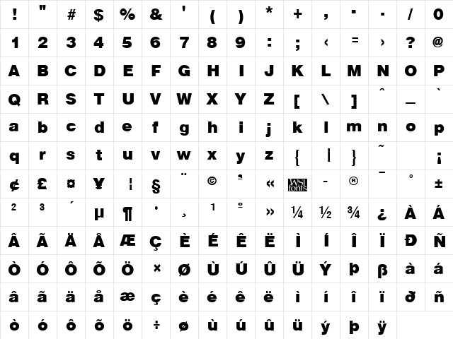 ArenaBlack Regular  glyph index