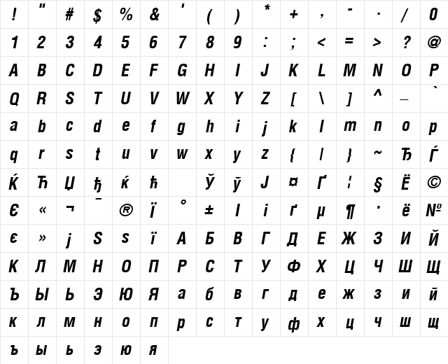 AGLettericaCondensed BoldOblique  glyph index