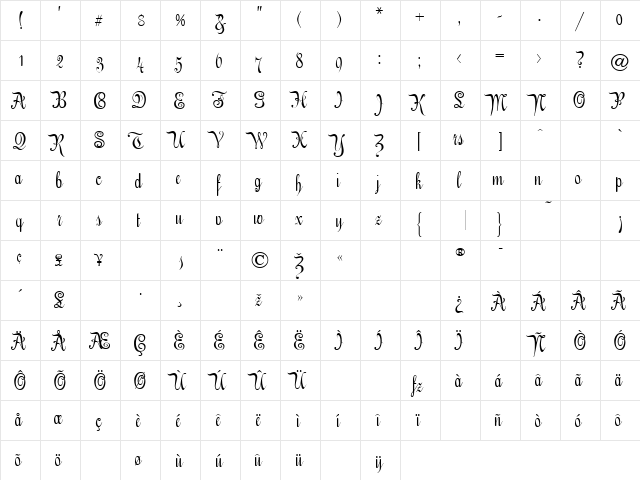 Engrossing Script Regular  glyph index