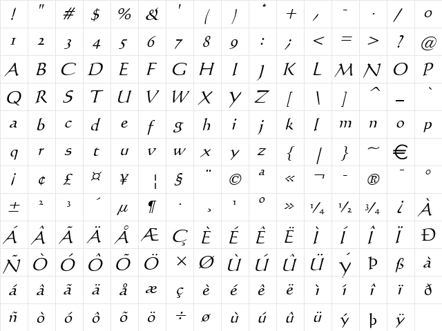 Calli109 Italic  glyph index
