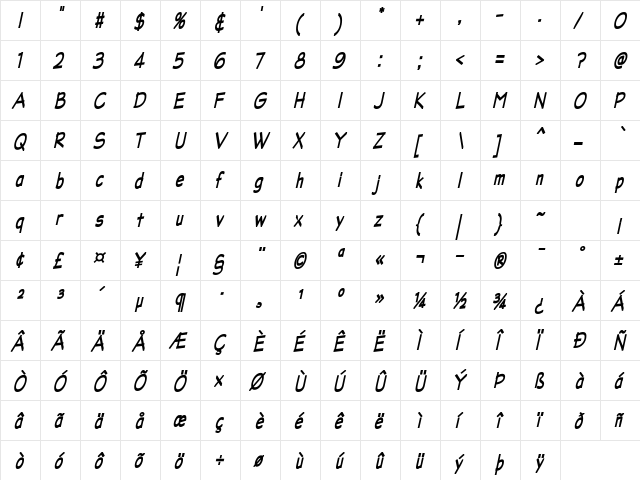 LincoyaScriptSSK BoldItalic  glyph index