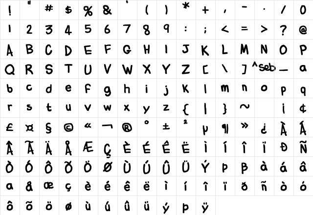 Flabby Bums handwriting Regular  glyph index