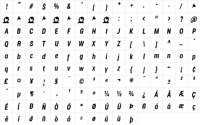 Jane Roe Bold Italic  glyph index