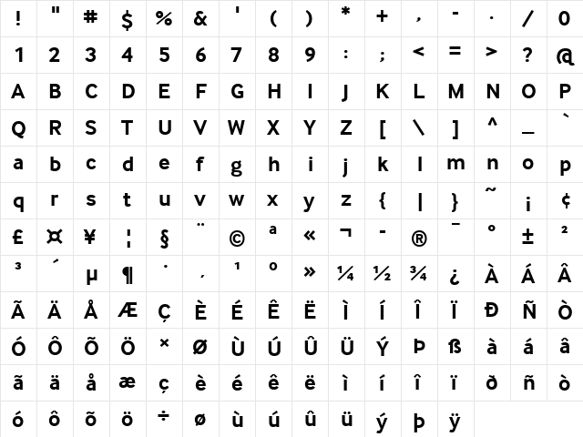 InterFace DaMa Bold  glyph index