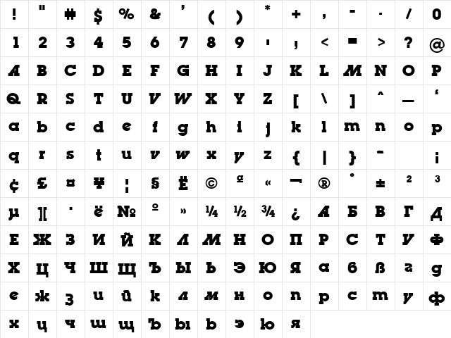 LugaAd Bold  glyph index