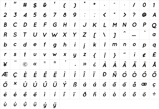 Quicksand Bold Oblique  glyph index