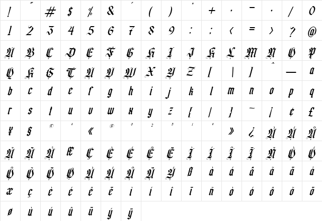 California sun Italic  glyph index