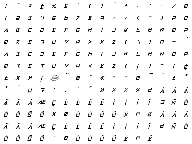 Iron Cobra Condensed Italic Condensed Italic  glyph index