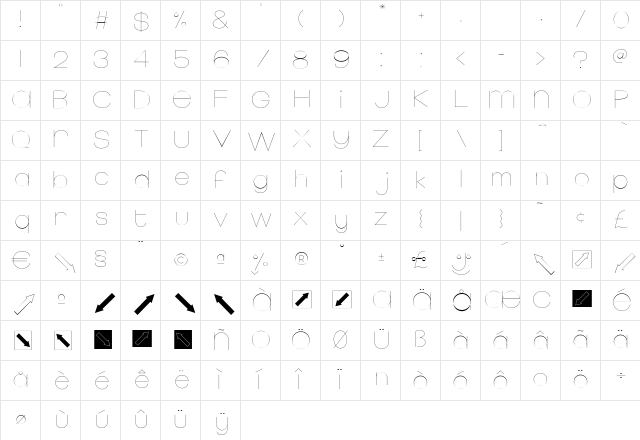 Monofred-UltraLight Regular  glyph index