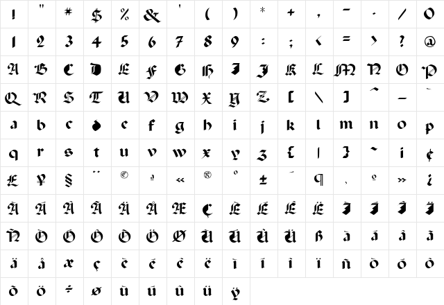 Paganini Regular  glyph index