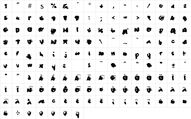 Blue Trash Regular  glyph index