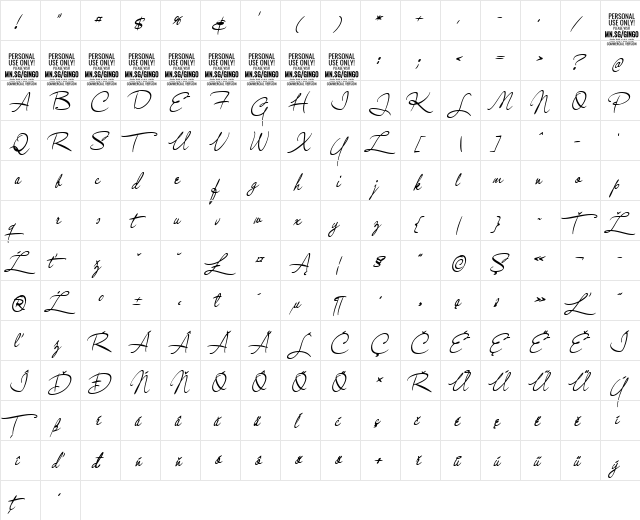 Gingo PERSONAL USE Medium  glyph index