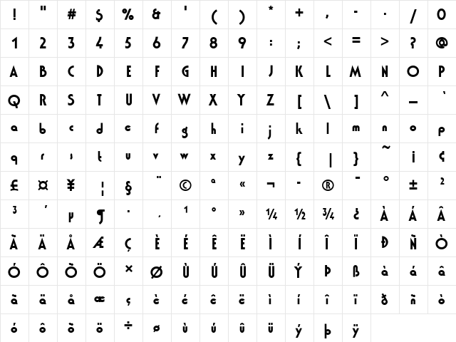 Washington D Bold  glyph index