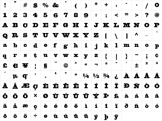 SpaghettiWesternWBW Medium  glyph index