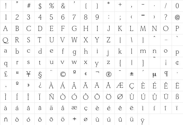 Derringer-Xlight Regular  glyph index