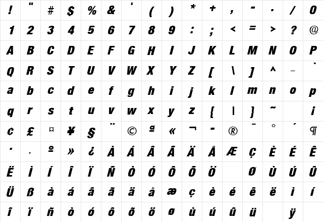 SansCondLH Bold Italic  glyph index
