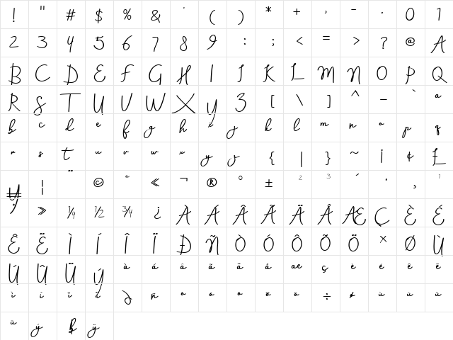 Aneisha Script Bold Regular  glyph index