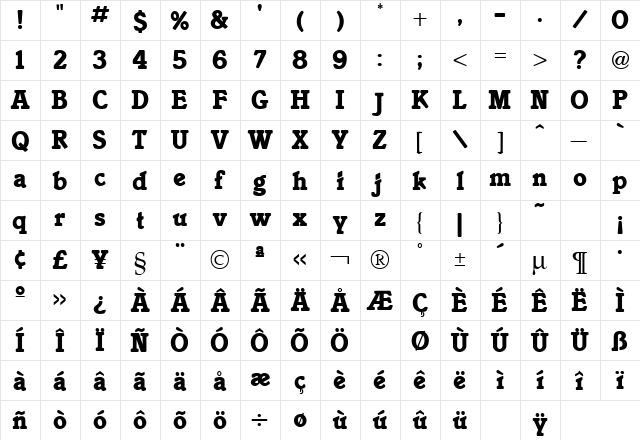 Italia Bold  glyph index