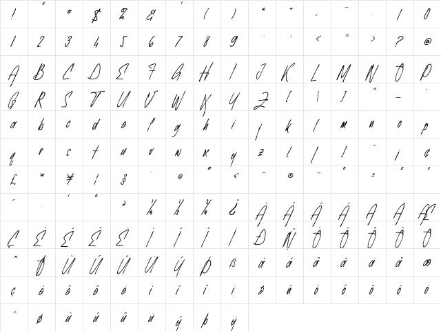 Exhibitionist Regular  glyph index