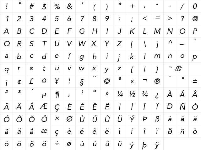 Expo SSi Italic  glyph index