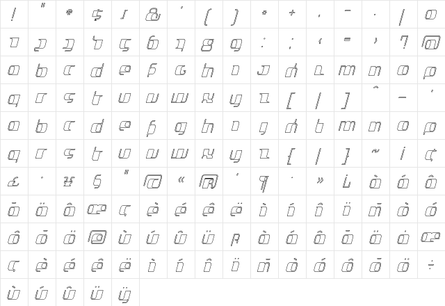 Jakone OutlineItalic  glyph index