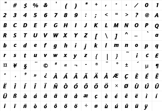 QuaySansITC Black Italic  glyph index