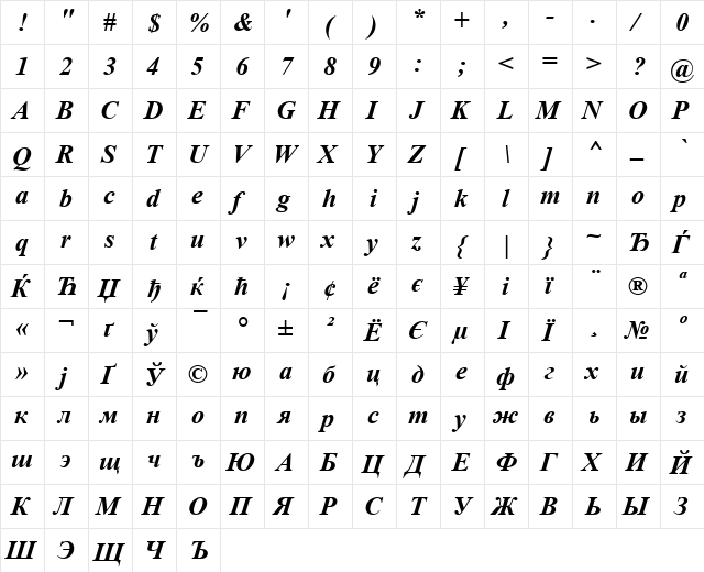 Times New Roman KOI8 Bold Italic  glyph index
