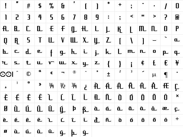 Uppen Arms NF Regular  glyph index