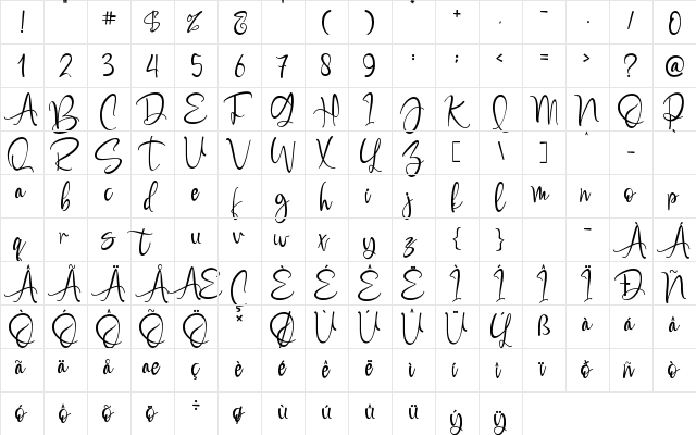 Boomolla Regular  glyph index