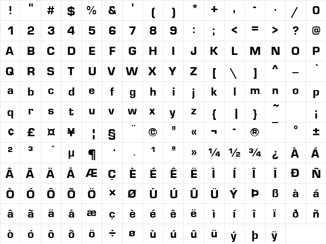 EurostileTHea Regular  glyph index