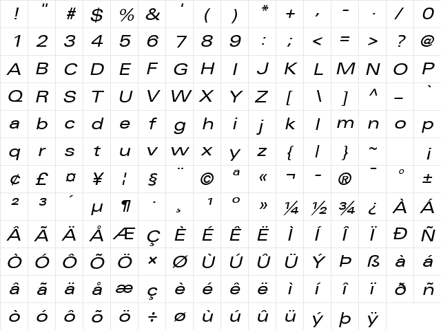 Univers ExtendedPS Italic  glyph index